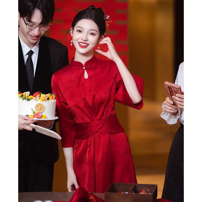 New Chinese Cheongsam Toast Dress Bride Red Engagement Dress Wedding Women's Door-Back Dress Tight Waist Slimming dress