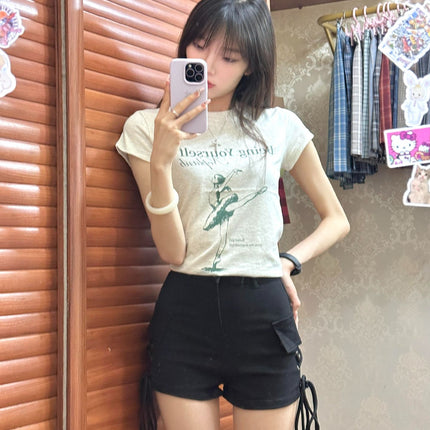 A988 # Black High-Waisted Slim Drawstring Work Jeans for Hot Girls with Hip-Hugging Hot Pants