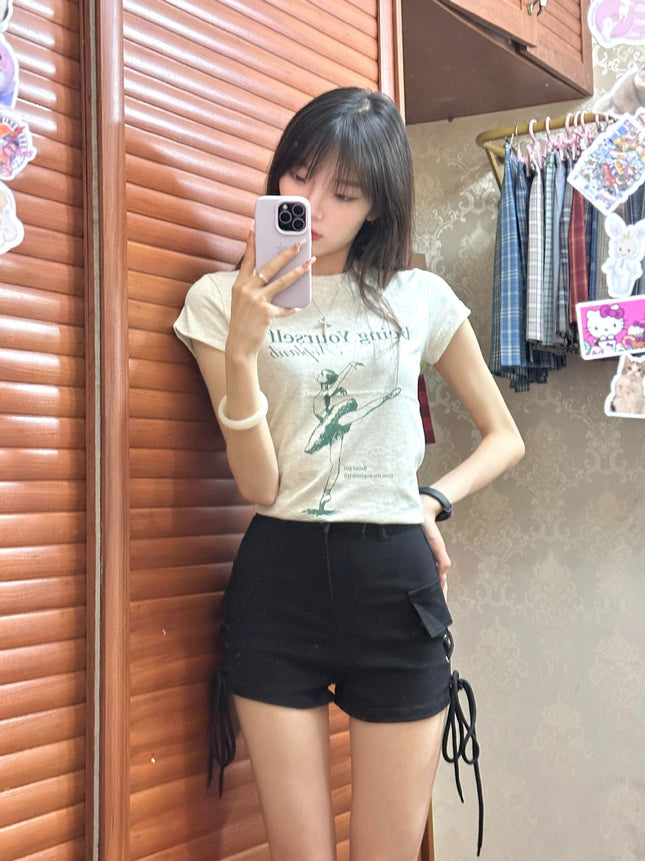 A988 # Black High-Waisted Slim Drawstring Work Jeans for Hot Girls with Hip-Hugging Hot Pants