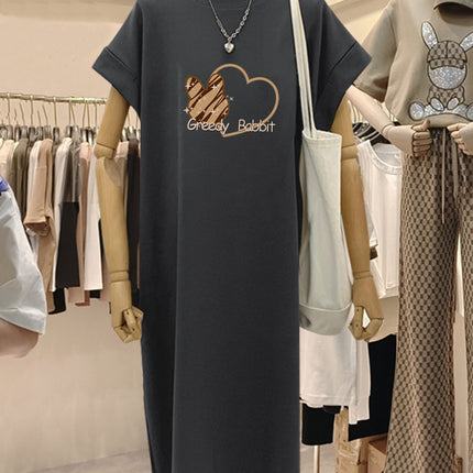 plus size Short-sleeved Cotton Mid-length Dress Women's 2025 Summer New All-match Loose Long Dress Flying Sleeve Split dress
