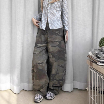 Fansiyu 2025 Summer New American Retro Camouflage Work Jeans Women's High-Waisted Loose Wide-Leg Floor-Length Pants