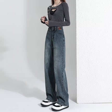 Cement Grey Narrow Wide Leg Jeans Women's Fashion All-match New Korean Style High Waist Loose Straight Casual Long Pants