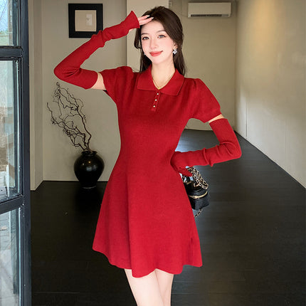 Foreign Trade Women's Clothing Real Shot New Year Red Knitted Slim Fit dress Women's Autumn and Winter Removable Sleeve Short Skirt Small Body