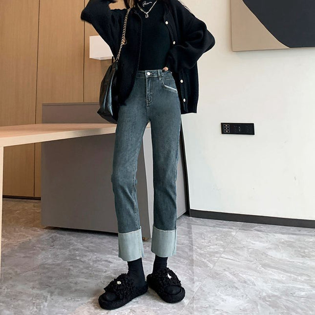 Retro blue pipe pants women's autumn and winter stitching jeans new spring and autumn cropped stretch all-match loose straight pants