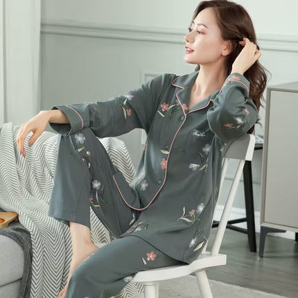 100% Pure Cotton Pajamas Women's Spring and Autumn Long Sleeve Large Size Cardigan Set for Middle-aged and Elderly Women Home Clothes
