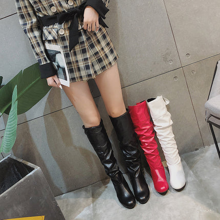 Cross-border foreign trade women's boots autumn and winter Europe and the United States solid color pleated high barrel thick heel round head back lace-up Knight Boots Boots in stock