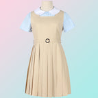Khaki (dress) + women's contrasting round neck short-sleeved shirt + belt / XS