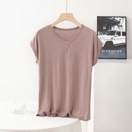 Cross-border New plus size Plus Fat V-neck Small Sleeve Summer Modal Elastic Base Shirt Loose Casual Simple T-shirt
