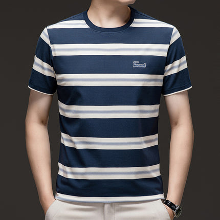Mingdi Mouse Men's Summer New Short-sleeved Pure Cotton Crewneck T-shirt Business All-match Striped Young and Middle-aged Men's T-shirt