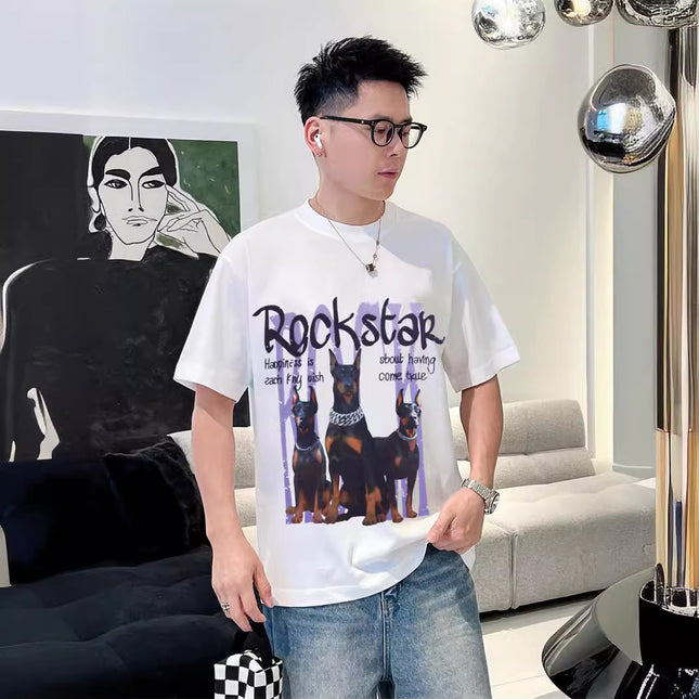 Trendy Brand American Rock Digital Printed Alphabet Doberman Dog Three Dog Short-sleeved T-shirt Fat Man Plus Fat Plus Duffy Handsome