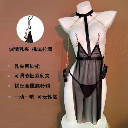 Sexy Lingerie Sexy Black Mesh See-Through Uniform Temptation Passion Free Adult Bed Halter Skirt Suit for Women