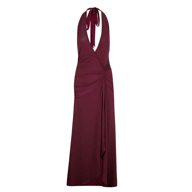 AD328 European and American Cross-border Spring and Summer New Women's Backless Deep V Split Neck Pleated Sexy Dress dress