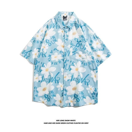 Summer Short-Sleeved Shirt for Men Ins Retro Funny Human Head Personalized Print Trendy Brand Korean Style Loose Shirt Trendy Top