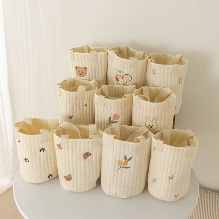 New Baby Stroller Storage Hanging Bag, Bottle and Diaper Bag, Quilted Cotton Embroidered Tote Bucket Bag, Cute Baby Storage
