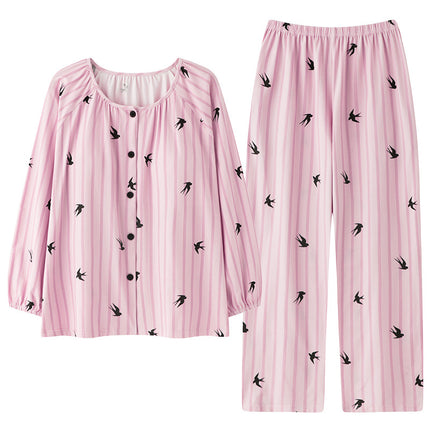 Spring and Autumn Women's Powder Striped Elegant Cardigan Pajamas Mother's Soft Modal Long Sleeve Trousers with Chest Pad Home Clothes
