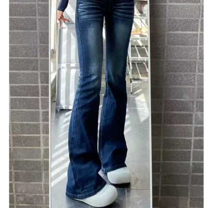 Extended American Retro Cat Print Low-Waist Hot Girl Flared Jeans for Women, Autumn Stretchy Slim-Fit Floor-Length Pants