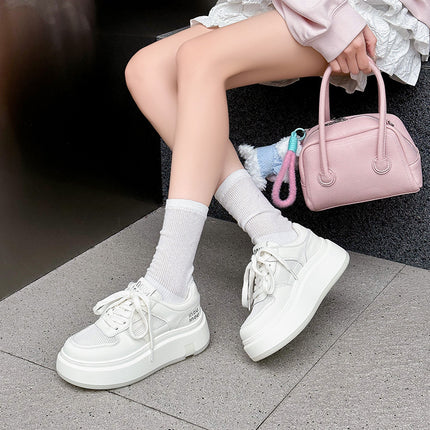 Thick-Soled White Sneakers for Women, 2026 Summer New Model, Breathable Mesh, Versatile, Genuine Leather, Sports Casual Sneakers for Petite Individuals