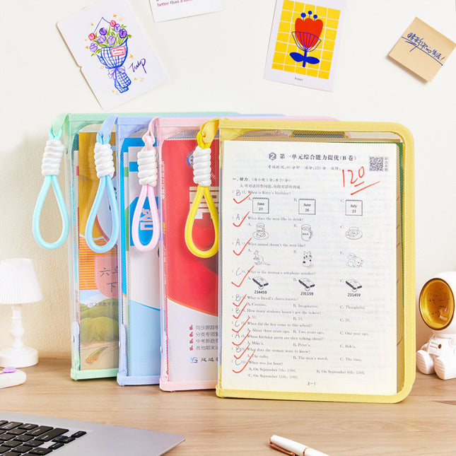 Macaron Transparent A4 File Bag with Large Capacity for Textbooks, Zippered Student Portable Thickened Waterproof Storage Bag