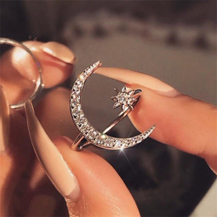 Korean and Japanese New Style High-End Cross-Border Favorite Micro-Inlaid Zircon Five-Pointed Star Moon Ring for Women, Elegant Open Ring Jewelry