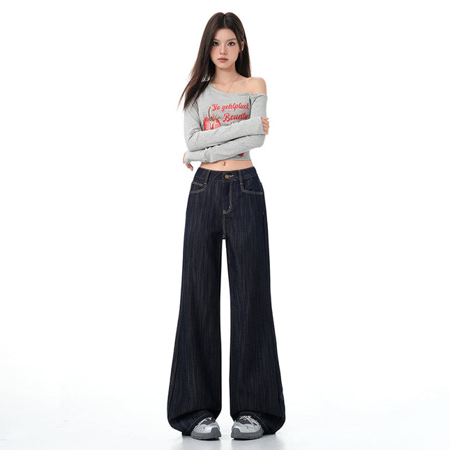 Deep Blue Flared Jeans for Women, Autumn New American High Street Style, Loose Drape Wide-Leg Bell-Bottom Pants
