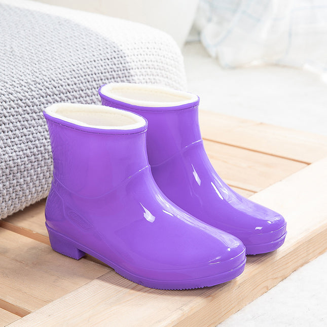 Foreign Trade Solid Color Short-Tube Rain Boots for Adult Women, Outdoor Rainforest Hiking Waterproof Non-Slip Water Shoes, Fleece-Lined Warm Rain Boots