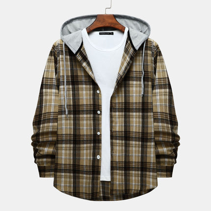 Cross-border Hooded Plaid Shirt Men's 2024 Foreign Trade Autumn Harajuku Style Plaid Hooded Shirt Men's Hong Kong Style Casual Shirt