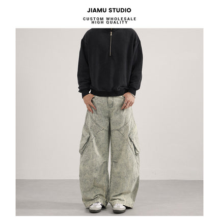 Jiamu Multi-Pocket Pleated American Baggy Silhouette Scimitar Casual Pants for Men and Women Loose Wide-Leg Unisex Cargo Pants