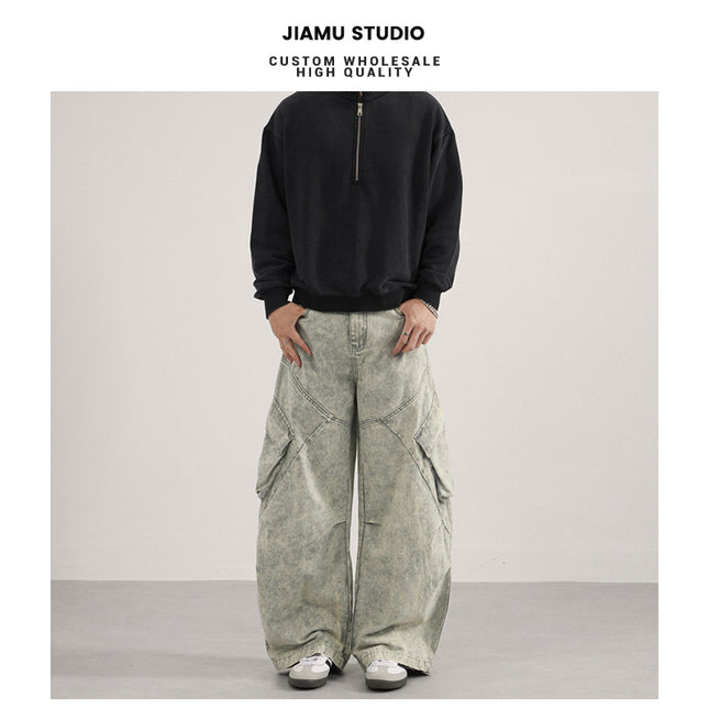 Jiamu Multi-Pocket Pleated American Baggy Silhouette Scimitar Casual Pants for Men and Women Loose Wide-Leg Unisex Cargo Pants