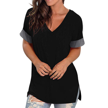 2024 Europe and the United States Spring and Summer Cross-Border New Women's Basic Solid Color V-Neck Short-Sleeve Stitching