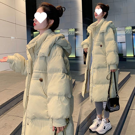 2024 winter new thick hooded light green down jacket women's long knee white duck down loose version