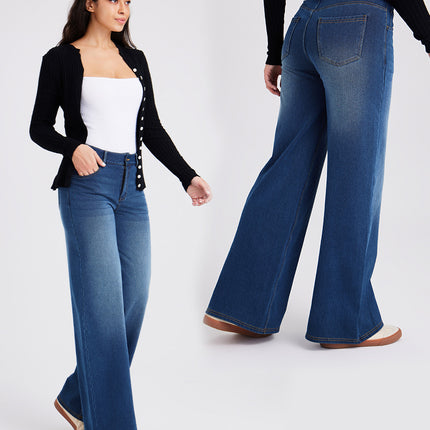 Spring and Summer New Style Fleece-Lined Thickened Warm Denim Wide-Leg Pants for Women, High-Waisted Slimming Pocketed Distressed Casual Pants