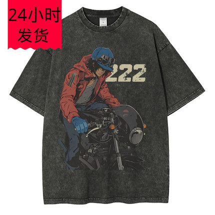 Heavyweight Cotton Washed t Shirt Anime Character Motorcycle