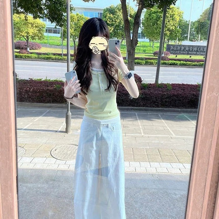 Cream Yellow Polka Dot Fake Two-Piece Right Shoulder Short-Sleeved T-Shirt for Women Summer Slim Lace Sweet Sexy Short Top