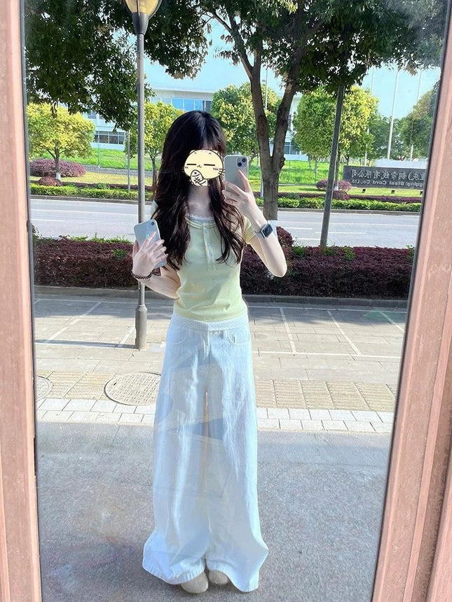 Cream Yellow Polka Dot Fake Two-Piece Right Shoulder Short-Sleeved T-Shirt for Women Summer Slim Lace Sweet Sexy Short Top