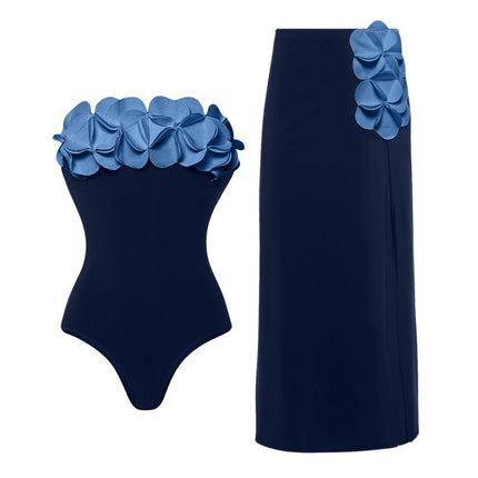 2025 European and American New Ins Style 3D Flower Tube Top Sexy One-Piece Swimsuit Suit for Women Cross-Border Hot Style