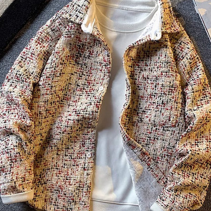 Chanel style houndstooth jacket high sense ruffian handsome jacket niche design color shirt home figure# XXF066
