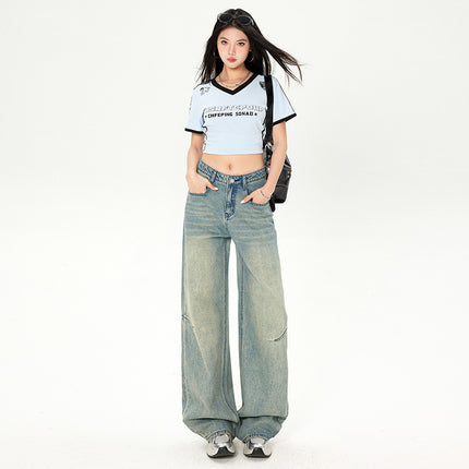 American Style High Street Wide Leg Jeans Women's Spring and Summer 2025 New light blue Straight High Waist Loose Slim Look Mop Pants