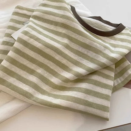 White Fruit Green Stripesd Short-Sleeved Tee! Summer Cool Lazy Style Versatile Contrasting Color Round Neck Casual Top T-Shirt for Women