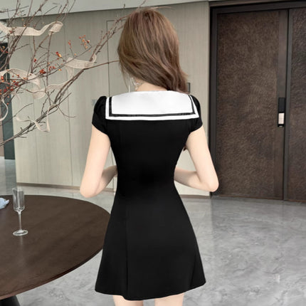 Real shot 8817 in stock navy collar age-reducing short sleeve dress college style sexy overalls foot bath technician skirt