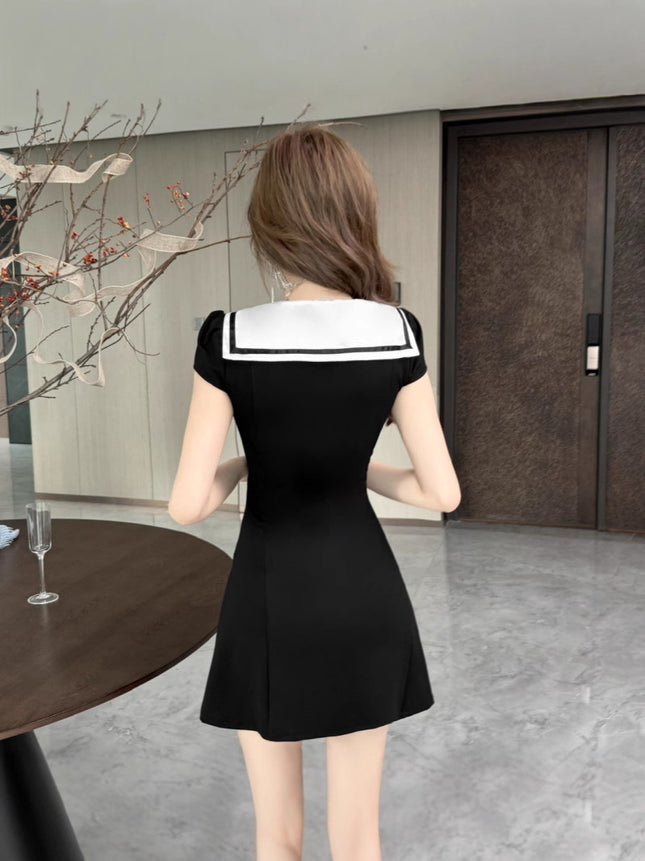 Real shot 8817 in stock navy collar age-reducing short sleeve dress college style sexy overalls foot bath technician skirt