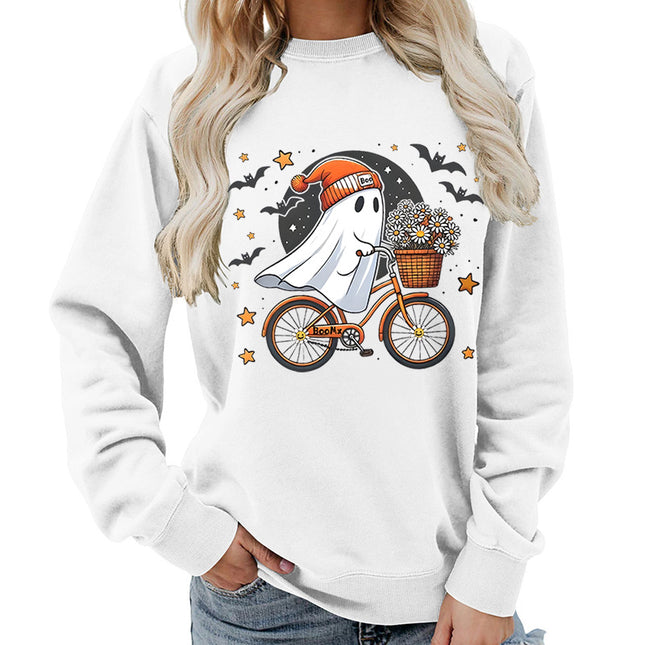 Amazon Source Ghost Riding a Bicycle Halloween Print Round Neck Women's Sweatshirt Casual Loose Fit