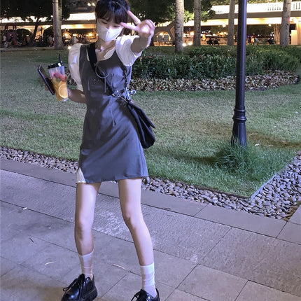 Fake Two-Piece Dress 2026 Spring/Summer New Style Gray Patchwork Slim-Fit Short-Sleeve Design Trendy Short Dress