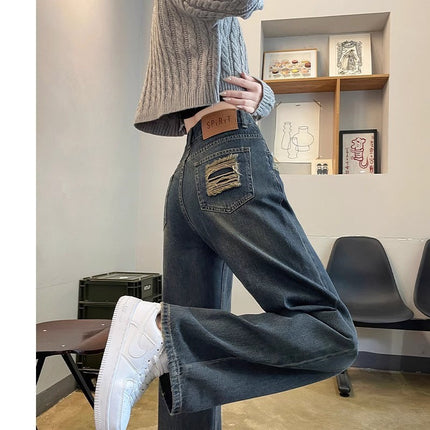 Vintage Blue Wide Leg Jeans Women's Trendy All-match New High Waist Slimming Old Style Design Sense Wear-out Straight Pants