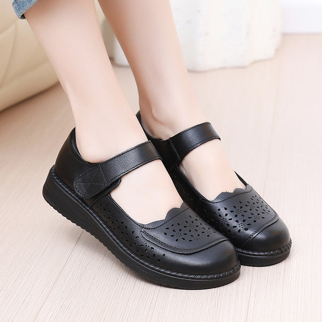Genuine Leather Round Head Widened Women's Shoes Summer Flat Heeled Soft Bottom Mother Shoes Breathable Comfortable Hollow Hole Shoes Factory Outlet
