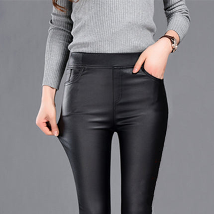 2025 Autumn and Winter Trendy Leather Pants for Women, Fleece-Lined and Thickeneded, Korean Style Tight-Fitting High-Waist Slimming Look Pants for Women, Outer Wear Leggings