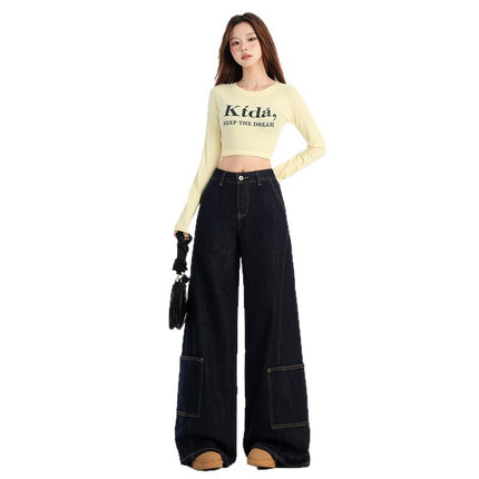American Denim Blue Jeans for Women, Autumn New Style, Pocket Design, Large Straight Loose Lazy Floor-Length Wide-Leg Pants