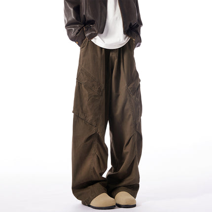 [Washed cotton button row door wrapping] American retro brown wide leg overalls design loose casual straight