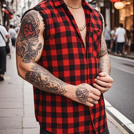 Cross-border Foreign Trade Men's plus size Sleeveless Plaid Shirt Loose Breathable Rag Casual All-match Men's Vest