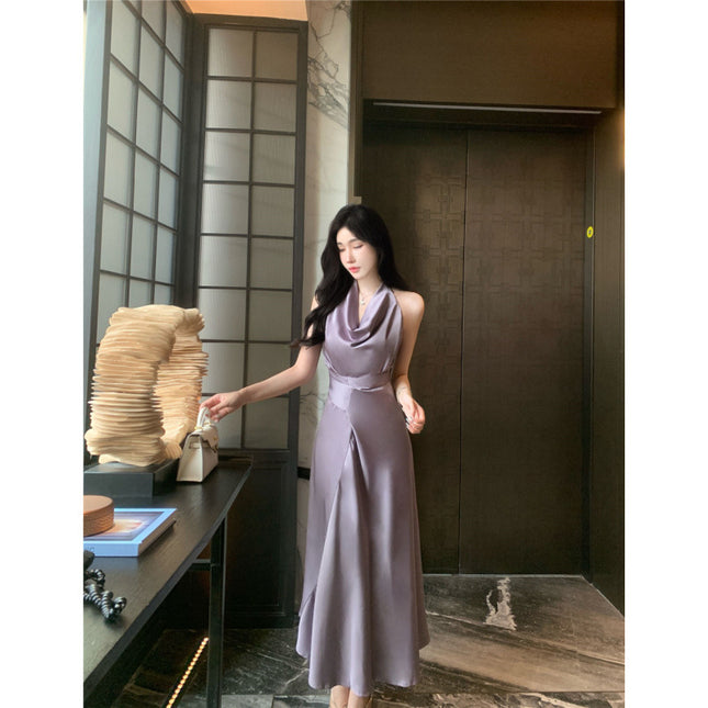 Foreign Trade Women's Clothing Real Shot Summer Elegant Light Purple Swing Collar Halter Design Satin Waist Irregular Two-Wear Straps