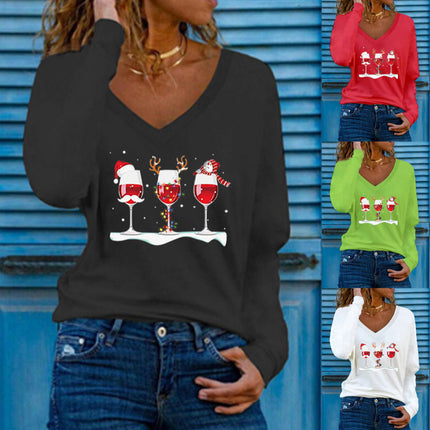 New Color European and American Amazon Aliexpress Christmas Three Wine Glass Printed Long-Sleeved Versatile Christmas Women's T-Shirt